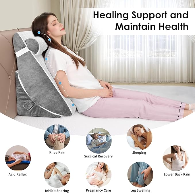 Bed Wedge Pillow for Sleeping, 3PCS Wedge Pillow Set for After Surgery, Adjustable 7 &12 inch Pillow Wedges for Acid Reflux Relief, Back Pain Relief, Sleep Apnea, Sitting Up, Headboard (White/Grey)