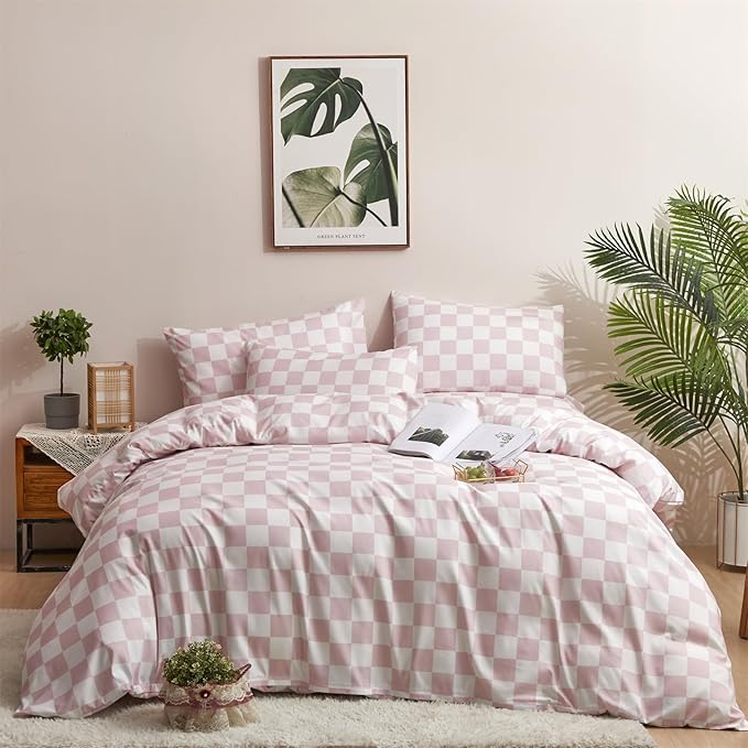 Wellboo Pink White Plaid Comforter Sets King Women Men Bean Pink and White Checkerboard Grid Bedding Comforters Cotton Boys Girls Modern Dusty Pink Checkered Geometric Quilts Luxury Abstract Bed