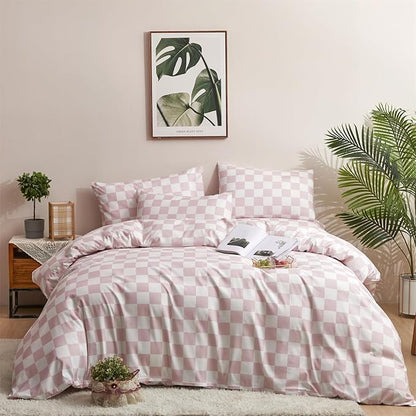 Wellboo Pink White Plaid Comforter Sets King Women Men Bean Pink and White Checkerboard Grid Bedding Comforters Cotton Boys Girls Modern Dusty Pink Checkered Geometric Quilts Luxury Abstract Bed