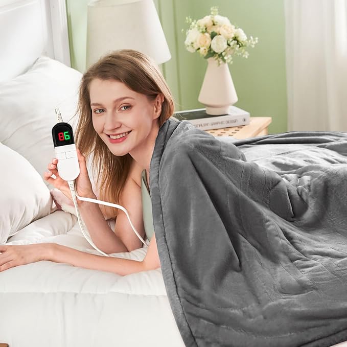 Electric Heated Blanket,Flannel & Sherpa Fast Heating Soft Fleece Heated Twin Blanket 62"x84" with 6 Heating Levels & 10H Auto Off - Light Grey
