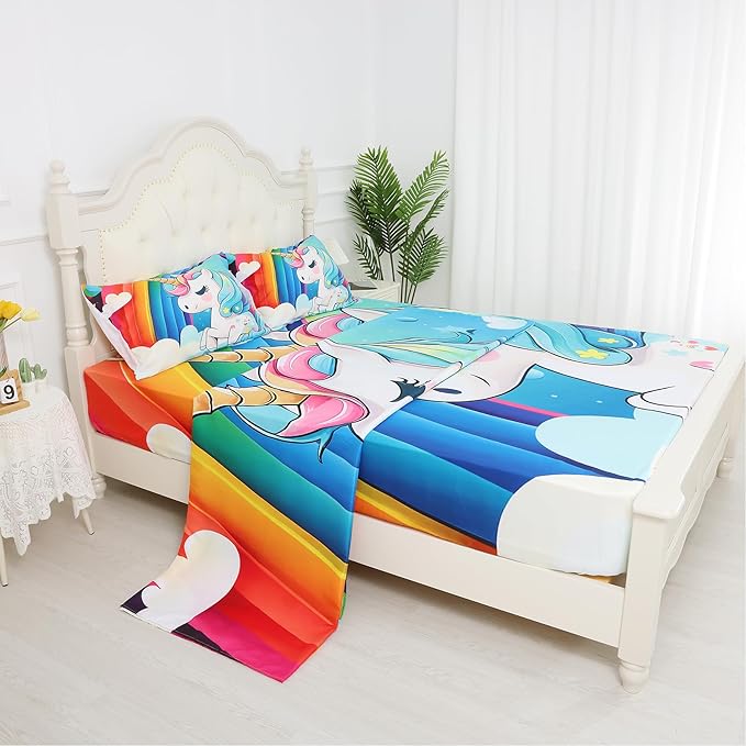 Cartoon Unicorn Sheets Set, Rainbow Unicorn Bedding Sets Full Size for Girls Kids Children Boys Teens Sheets Bedspread Set,1 Flat Sheet 1 Fitted Sheet 2 Pillowcases