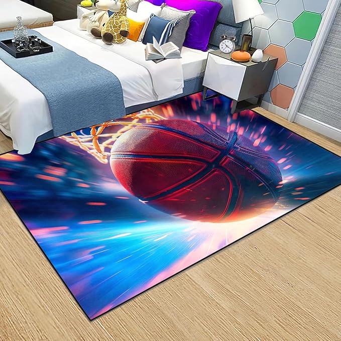 Basketball Rug for Boys Bedroom - Sports Rugs for Boys Bedroom, Sports Themed Carpet for Teens Kids Basketball Carpet for Living Room Floor Mat, Blue, 2.5x4 Feet