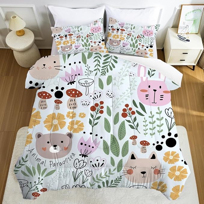 Floral Cat Bedding Full Size Cartoon Cats Comforter Set for Girls Boys Kids Teen Children Green Animals Print Bedroom Dorm Quilt 1 Comforter + 2 Pillow Cases