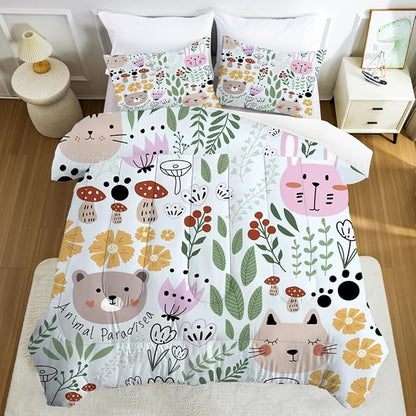 Floral Cat Bedding Full Size Cartoon Cats Comforter Set for Girls Boys Kids Teen Children Green Animals Print Bedroom Dorm Quilt 1 Comforter + 2 Pillow Cases