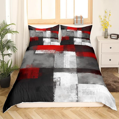 Geometric Graffiti Duvet Cover Set King Size,Red Grey White Black Rectangle Comforter Cover with 2 Pillowcases,3pcs Abstract Graffiti Painting Bedding Set for Bedroom Xmas Gift (No Comforter)