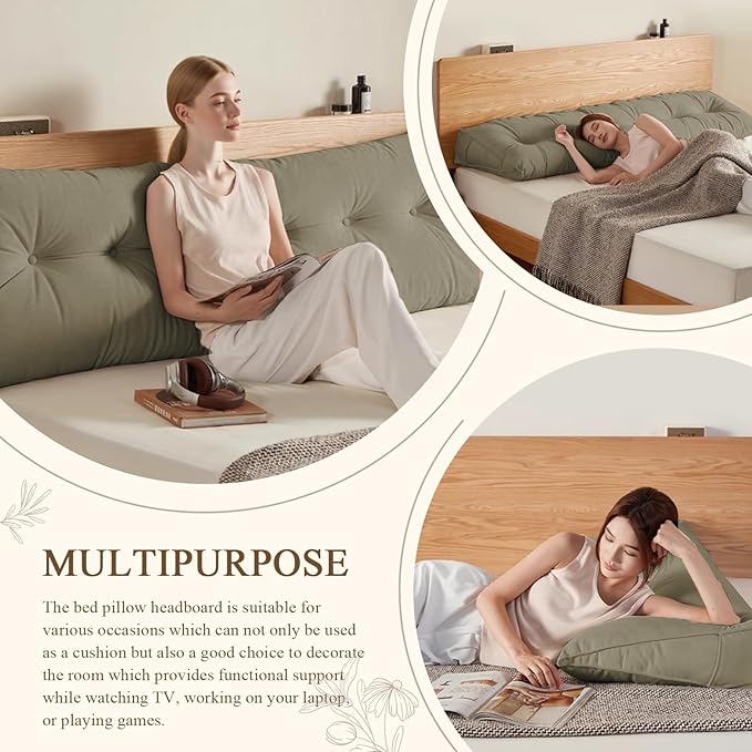 Headboard Pillow Queen, Large Triangular Wedge Headboard Pillow for Reading and Resting, Backrest Positioning Support Pillow with Removable Cover (Khaki)
