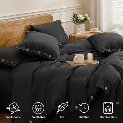JELLYMONI Cotton Duvet Cover King Size - Pure Black Comforter Cover with Button 100% Washed Cotton 3PCS Breathable Soft Solid Bedding Set Duvet Cover 104×90in & 2 Pillowcases (NO Comforter)
