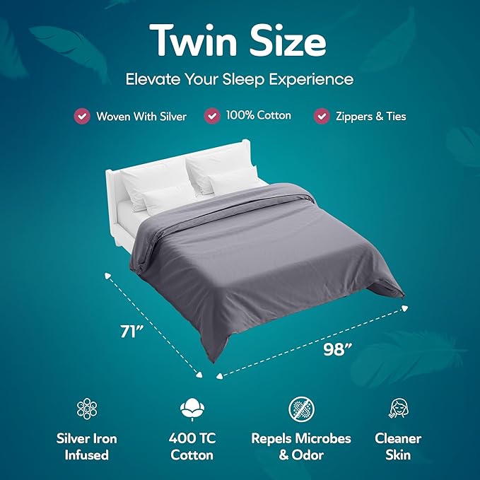 Sleepgram Supima Machine Washable 400 Thread Count Cotton Silver Ion Infused Luxury Zippered Duvet Cover with Travel Bag, Twin, Grey Stone