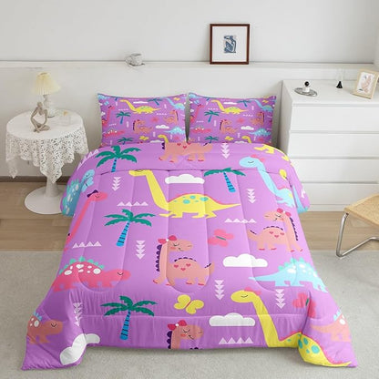 Castle Fairy Kawaii Dino Bedding Sets Full Size,Cartoon Dinosaur Wild Animal Reversible Down Comforter Breathable Polyester Quilt Set,Lovely Cloud Coconut Tree Purple Duvet Insert,2 Pillowcases