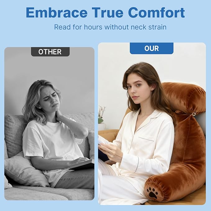 Reading Pillow Plus, Crystal Velvet Back Pillow Bed Sitting Up for Adult & Children, Back Rest Pillow Support for Reading & Rest Bed, Add Height and Removable Pillows Design, for Xmas Gift, Brown