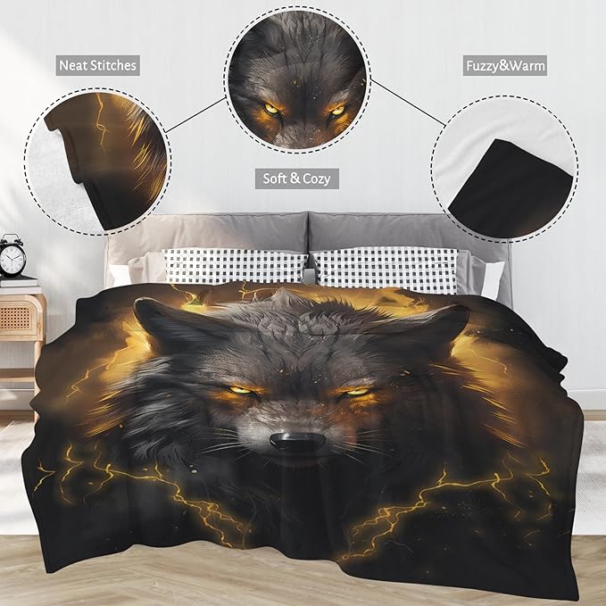Huke Wolf Gifts Blanket, Black Gold Fire Lightning Wolf Throw Blankets,Wolf Gifts for Men Women Kids, Unique Wolf Gifts for Wolf Lovers, Wolf Gifts for Boys Girls, Cool Wolf Decor,50"X40"