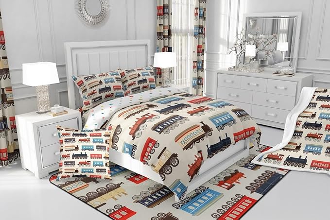 Erosebridal Cute Train Bedding Gifts for Kids Boys Funny Trains Car King Comforter Set Vintage Smoking Steam Engine Bed Set for Toddler Nursery Birthday Decor Down Comforter for All Seasons