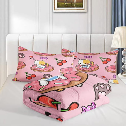 QOOMO Kawaii Cat Comforter Full Size,Doughnut Cherry Cat Comforter Set for Kids Teens Girls,3Pcs Bedding Set Printed Comforter with 2 Pillowcases,Soft and Lightweight(Pink，Full Size)