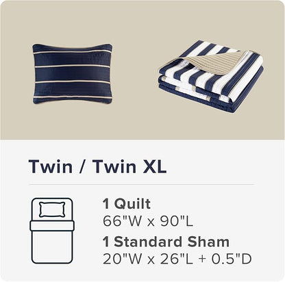 Comfort Spaces Quilt Set Trendy Casual Fun, Vibrant Color Design, Hypoallergenic All Season, Lightweight Coverlet Bedspread Cozy Kids Bedding & Sham Twin/Twin XL Verone White Blue Stripe 2 Piece