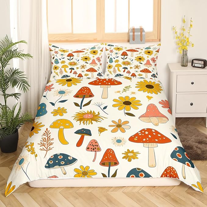 Castle Fairy Retro Mushroom Flowers Duvet Cover Set Twin Size,70s 60s Groovy Comforter for Kids Boys Bedroom Gift,Vintage Boho Plant Floral Bedding with 1 Pillowcase Bedspread, 68''x90''