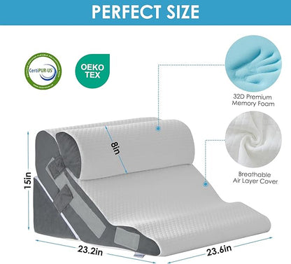 3PCS Bed Wedge Pillow for Headboard, Adjustable Wedge Pillow for Sleep Apnea, 23” Wide Triangle Pillow Wedge Set for After Surgery, Acid Reflux Relief, Snoring, Neck&Back Support, White/Grey