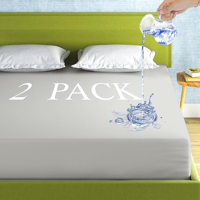 2 Pack Mattress Protector King Size 100% Waterproof Fitted Mattress Cover, Breathable Noiseless & Machine Washable Bed Cover Deep Pocket from 5" to 21", Bed Protector for Pets Kids Adults Light Grey