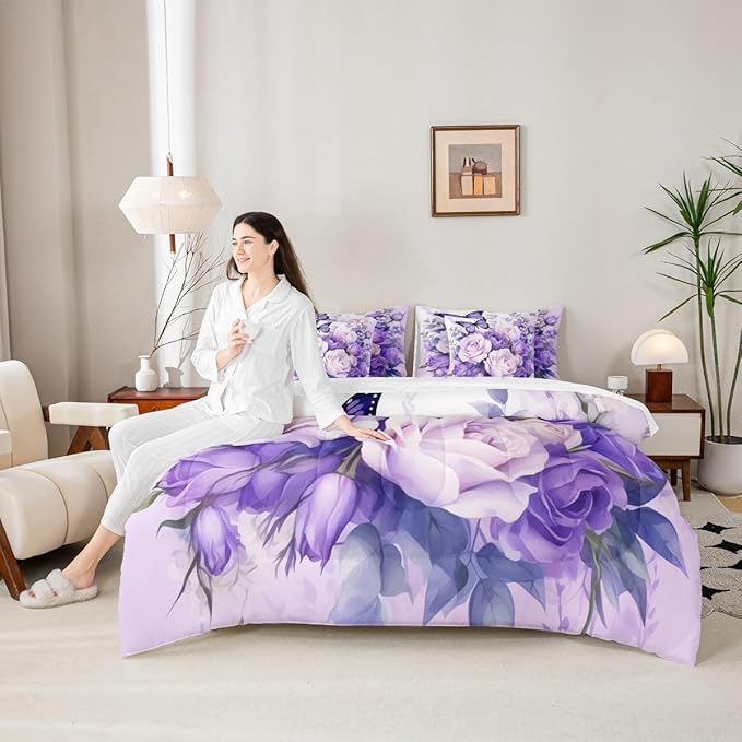 Feelyou Purple Rose 7 Piece Bedding Set King Size Butterfly Comforter Set with Sheets for Women Girls Teens Floral Flower Bed in a Bag Romantic Bed Set