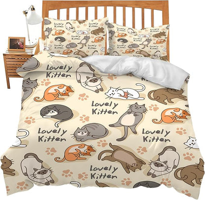 Cute Cat Theme 3 Pieces Duvet Cover Comforter Set with 2 Pillowcase Queen Size Cat Puppy Bed Sheet Quilt Bedroom Bedding for Lover Kids