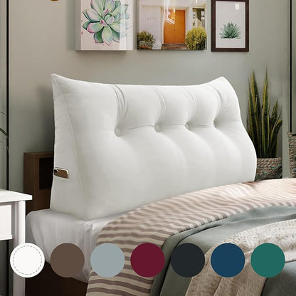 WOWMAX Triangular Headboard Pillow Full Bed Wedge Pillow for Headboard Large Bolster Pillow for Bed Wedge Pillow Headboard Daybed Pillows with Removable Cover, Velvet(100% Cotton), White