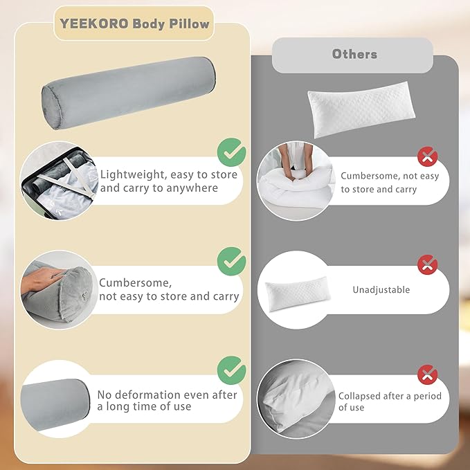 Inflatable Body Pillow for Adults Kids, 47 Inch Body Pillows for Side Sleeper, Travel Body Pillow for Bed, Bolster Pillow, Round Cervical Cylinder Pillow for Sleeping