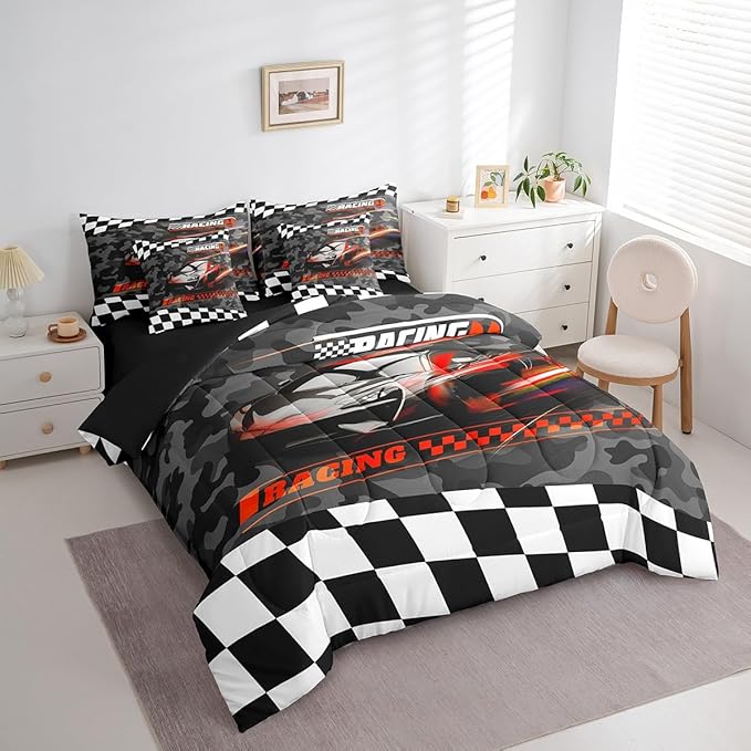 Feelyou Red Racing Car 7 Piece Bedding Set King Size Kids Boys Speed Race Car Comforter Set with Sheets for Teens Toddler Extreme Sports Bed in a Bag Camouflage Bed Set