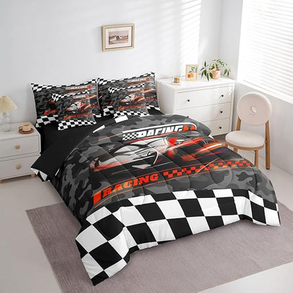 Feelyou Red Racing Car 7 Piece Bedding Set Queen Size Kids Boys Speed Race Car Comforter Set with Sheets for Teens Toddler Extreme Sports Bed in a Bag Camouflage Bed Set