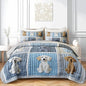 Kawaii Blue White Dogs Quilts Bedding Queen 3Pcs Wild Animal Cartoon Pet Puppy Bed Set Fabric Collage Grid Pattern Bedspread Coverlet with 2 Pillowcases for Kid Boy Girl Teen Adult Room Decor