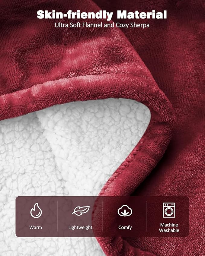 Heated Blanket Throw, Wearable Heated Blanket Two Buttons, 50x60 Inches Soft Flannel Electric Throw, 9 Heating Levels & 10 Options Auto Off, for Home, Office (Red)