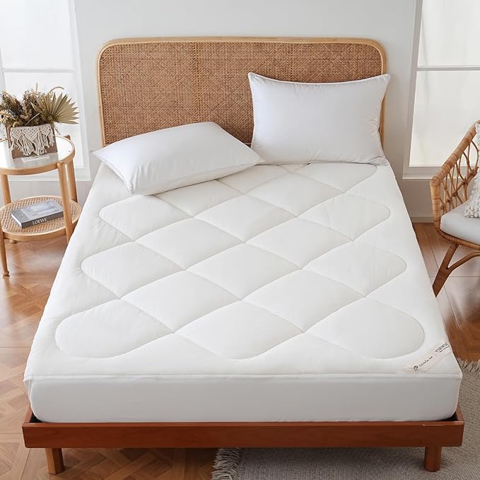 YOUR MOON Natural Wool Mattress Pad King – 450GSM Organic Australian Wool Mattress Topper, Quilted Fitted Mattress Bed Cover with 16" Deep Pocket, Hypoallergenic Cotton Cover (White)