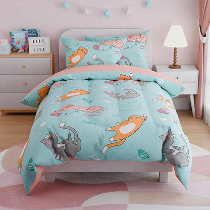 SANDJEST Cat Comforter Set Full for Girls, Ultra Soft Microfiber Bedding Sets with 4-Pieces, Cats Comforters Bed Sets for Kids Children Girl Bedroom Decor
