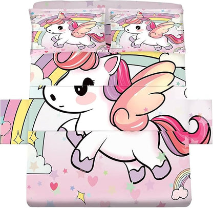 Pink Unicorn Sheet Set: Rainbow Unicorn Bedding Twin Size for Kids Girls Teens Bedroom Bed - 1 Flat Sheet, 1 Fitted Sheet, 1 Pillowcase