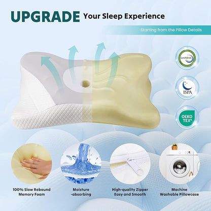 Smug Cervical Neck Pillow, Cooling Ergonomic Memory Foam Pillows for Neck Pain Relief with Breathable Pillowcase, Dual Height Orthopedic Support Contour Pillow for Side, Back, Stomach Sleepers, Grey