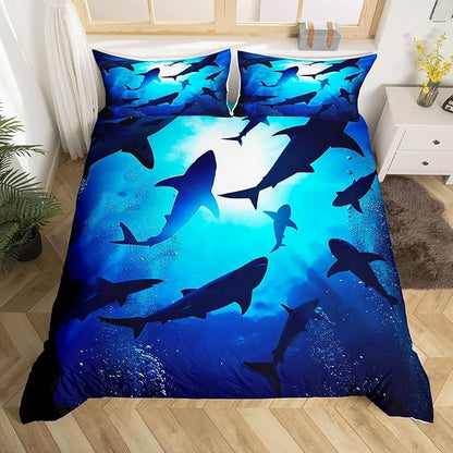 Castle Fairy Shark Dolphin Fish Silhouette Comforter Cover,Blue Deep Ocean Themed Duvet Cover for Girls Teens Decorative Bedroom,Underwater World Polyester Quilt Cover with 2 Pillowcases, Full Size
