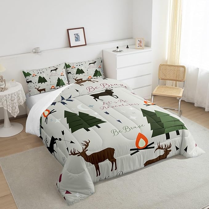 Adventure Deer Comforter Set King Size,Cartoon Pine Tree Jungle Animals Bedding Set,Arrow and Stars Moon Quilt Set for Kids Girls Boys Adult Room Decor Rustic Camping Duvet Insert Green 3Pcs