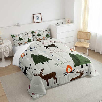 Adventure Deer Comforter Set King Size,Cartoon Pine Tree Jungle Animals Bedding Set,Arrow and Stars Moon Quilt Set for Kids Girls Boys Adult Room Decor Rustic Camping Duvet Insert Green 3Pcs