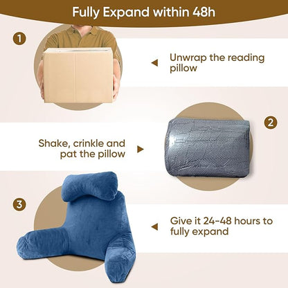 Reading Pillow for Sitting in Bed Adult, Bed Pillow with Shredded Memory Foam, 25''H Pillow with Detachable Neck Roll, Washable Cover, Sitting Up with Extend Arms, Navy