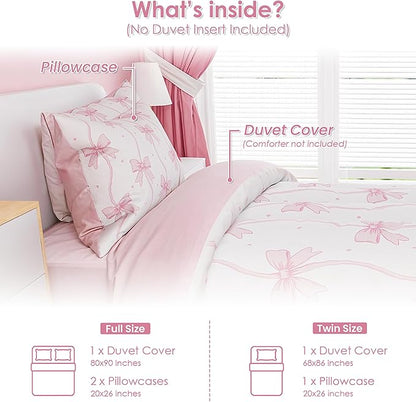 SANDJEST Bow Duvet Cover Sets Full Size for Kids Girls, Incude 1 Polyester Comforter Cover 80x90 Inches and 2 Pillowcases 20x26 Inches, Comforter Not Included, Gift for Christmas Birthday