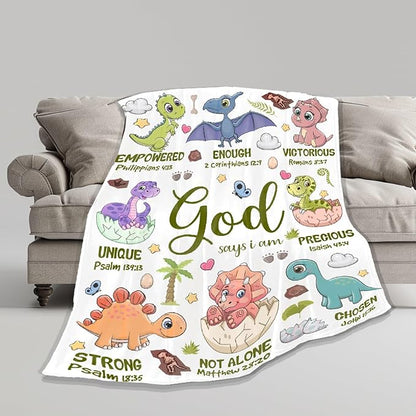 Bible Verse Blanket, Christian Gifts, God Says I am Print Dinosaur Blankets for Boys, Meaningful Thoughtful Religious Baptism Gift for Son,Dinosaur Lovers Room Bed Decoration, 30"x40"