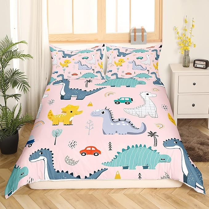 Cute Dino Kids Bedding Set Twin Size,Cartoon Cars Dinosaur Rainbow Print Comforter Cover Set for Kids Girls,Kawaii Animal Vehicle Drawn Pink Bedding Quilt Cover Set Bedroom Decor, 2 Pcs