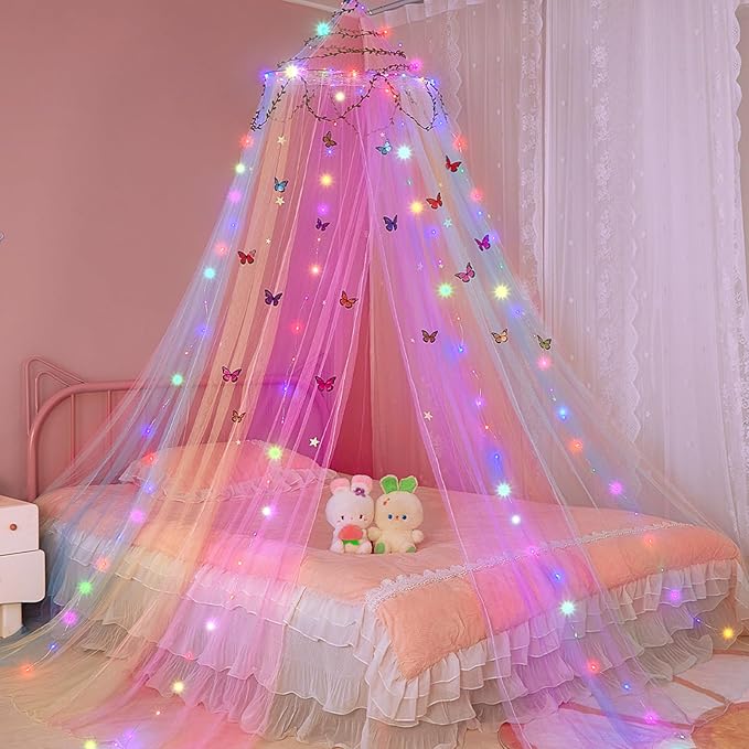FIOBEE Bed Canopy for Girls Room Bed Canopy Curtains with Led Lights Mosquito Net DIY Princess Room Décor with Stars Butterflies for Kids Bedroom, Multi-Color