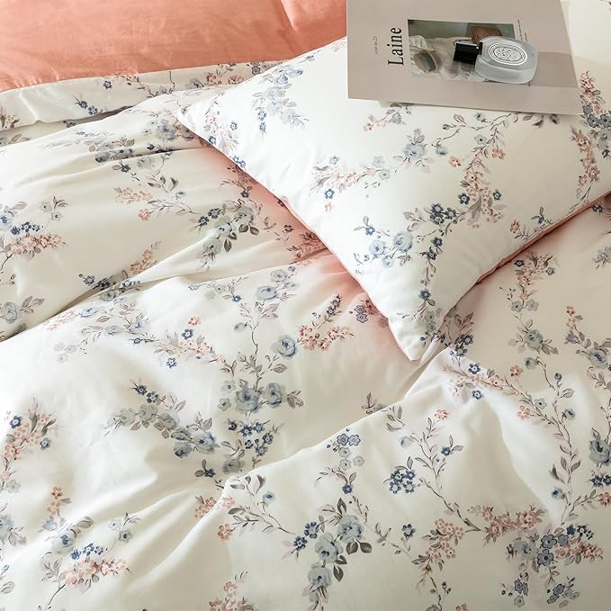 Floral King Duvet Cover, 100% Cotton Bedding Sets King, Reversible Floral Chic Vintage Fresh Style Printed Mini King Duvet Cover with Zipper Closure