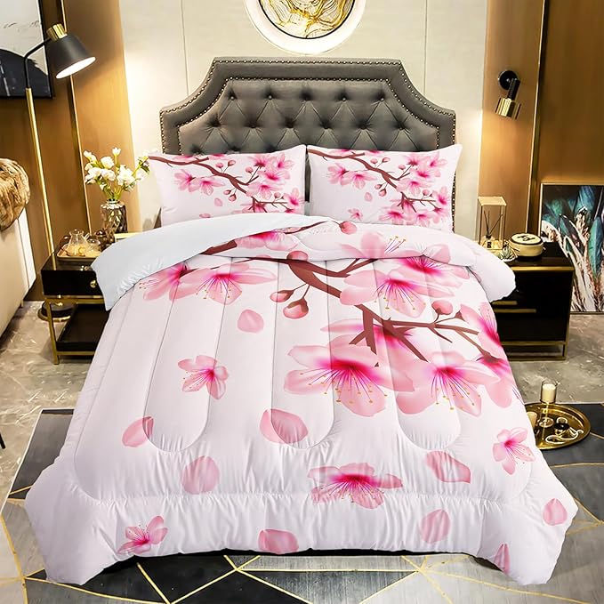 Cherry Blossoms Comforter Set Full Size 3Pcs Romantic Theme Pink Bedding Set Girl Floral Down Quilt with 1 Comforter and 2 Pillowcases