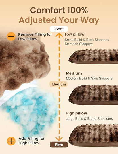 ZonLi Fluffy Faux Rabbit Fur Brown Body Pillow, Side Sleep Body Pillow with Washable Cover, Adjustable Memory Foam Fill，20x54 Long Pillow for Adults Girls & Kids