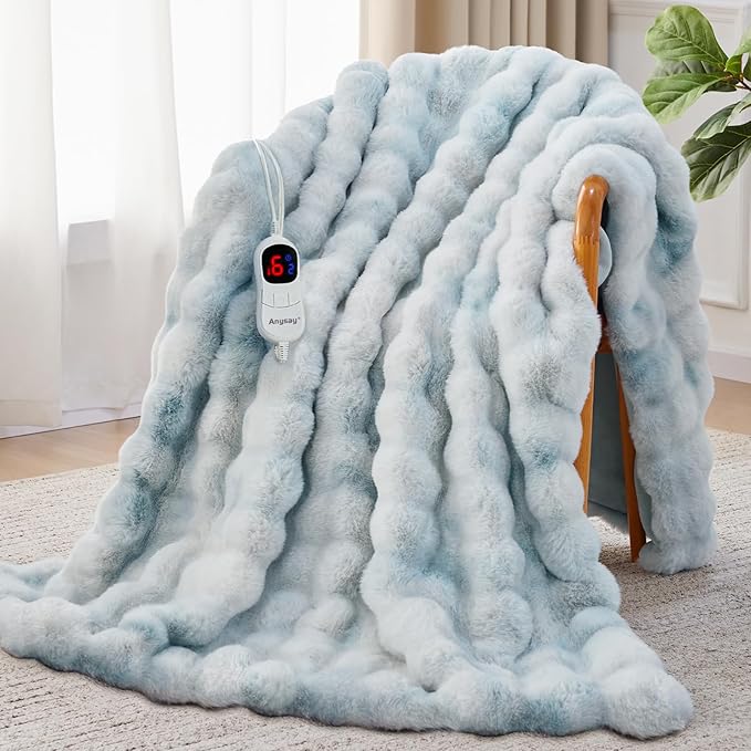 Heated Blanket Full Size with 1/2/4/6/8 Hours Auto-Off 10 Heat Level, 62'' * 84'' Cozy Faux Rabbit Fur Bubble Electric Blanket with Overheat Protection(Tie-Dye Blue)