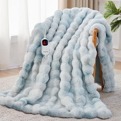 Heated Blanket Full Size with 1/2/4/6/8 Hours Auto-Off 10 Heat Level, 62'' * 84'' Cozy Faux Rabbit Fur Bubble Electric Blanket with Overheat Protection(Tie-Dye Blue)