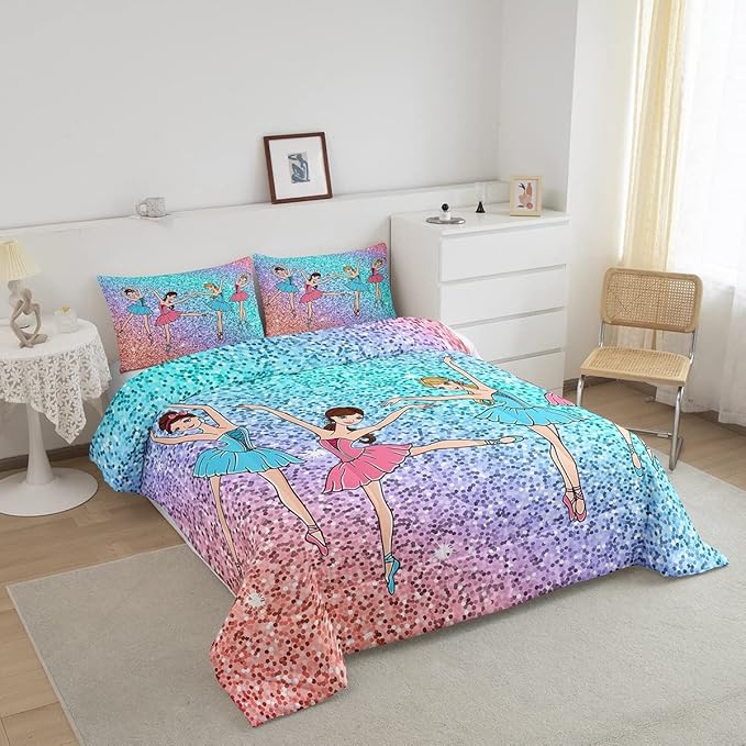 Feelyou Ballet Comforter Set Galaxy Ballet Dance Bedding Set for Kids Boys Girls Women Glitter Graceful Dancer Decor Comforter Dreamy Girly Quilt Set with 2 Pillowcases 3Pcs Bedding Full