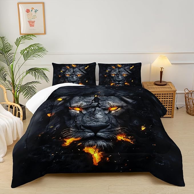 Black & Gold Full Comforter Set Lion，Lion Full Size Bedding Set，with 1 Comforter with 2 Pillow Case，Animal Bedroom Decor for Boys Kids Man