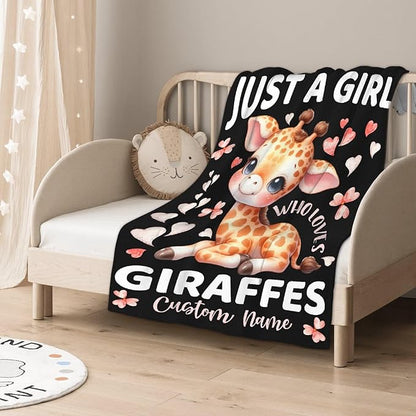 Giraffe Custom Blanket with Name Throw Blanket for Girls Just A Girl Who Loves Giraffe Gifts for Women Soft Comfortable for Bedding Couch Camping Traveling 30x40inches