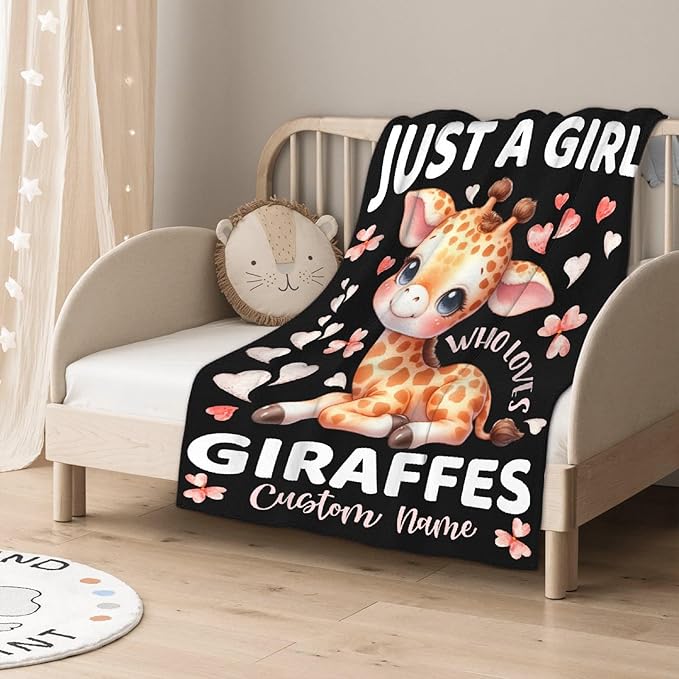 Giraffe Custom Blanket with Name Throw Blanket for Girls Just A Girl Who Loves Giraffe Gifts for Women Soft Comfortable for Bedding Couch Camping Traveling 60x80inches